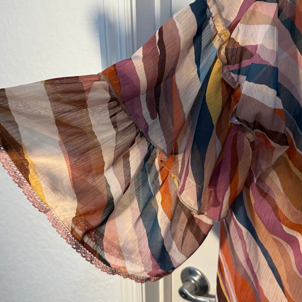 Democracy Multicolor Striped Kimono Size L/XL Ruffle Sleeves - Picture 3 of 4